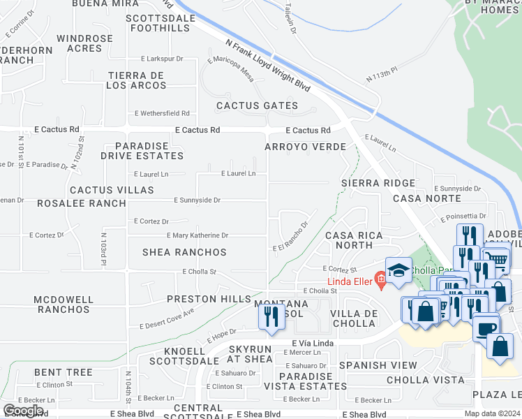 map of restaurants, bars, coffee shops, grocery stores, and more near 10755 East Sunnyside Drive in Scottsdale