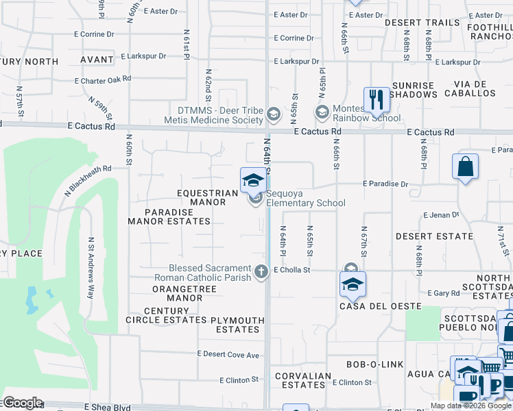 map of restaurants, bars, coffee shops, grocery stores, and more near 11620 North 64th Place in Scottsdale