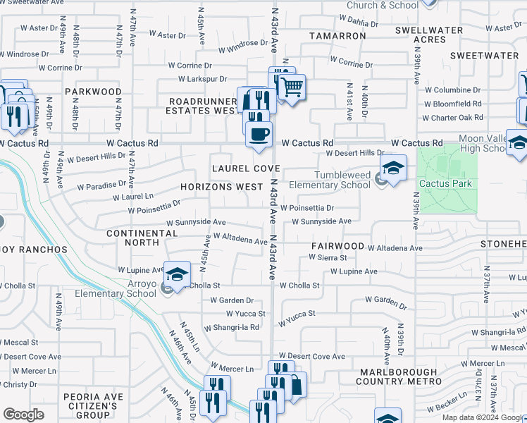 map of restaurants, bars, coffee shops, grocery stores, and more near 11637 North 43rd Drive in Glendale