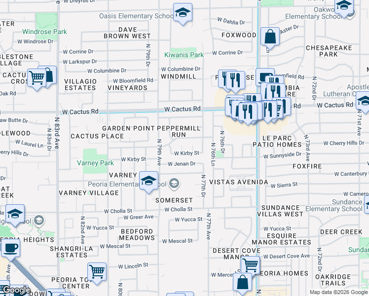 map of restaurants, bars, coffee shops, grocery stores, and more near 7803 West Kirby Street in Peoria
