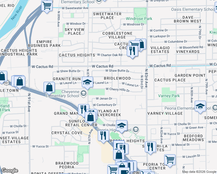 map of restaurants, bars, coffee shops, grocery stores, and more near 8567 North 86th Lane in Peoria