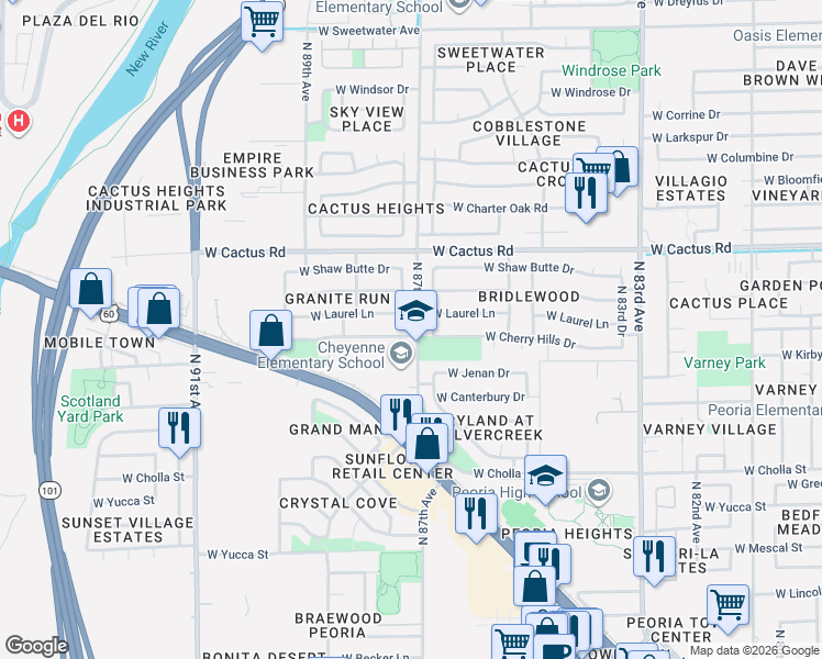 map of restaurants, bars, coffee shops, grocery stores, and more near 11902 North 86th Lane in Peoria
