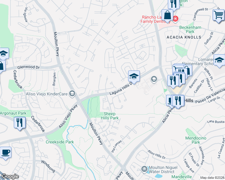 map of restaurants, bars, coffee shops, grocery stores, and more near 5 Heather Hill Lane in Laguna Hills