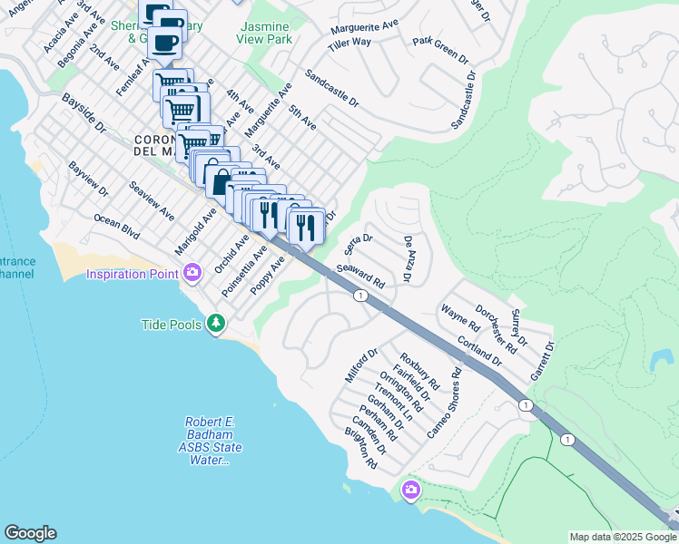 map of restaurants, bars, coffee shops, grocery stores, and more near 4148 Shorecrest Lane in Newport Beach