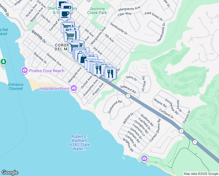 map of restaurants, bars, coffee shops, grocery stores, and more near 340 Hazel Drive in Newport Beach