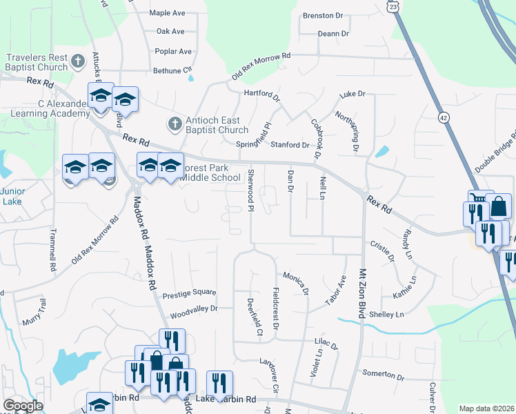 map of restaurants, bars, coffee shops, grocery stores, and more near 5932 Sherwood Place in Ellenwood