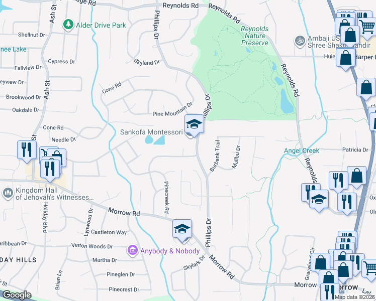 map of restaurants, bars, coffee shops, grocery stores, and more near 5912 Ponderosa Park Place in Forest Park