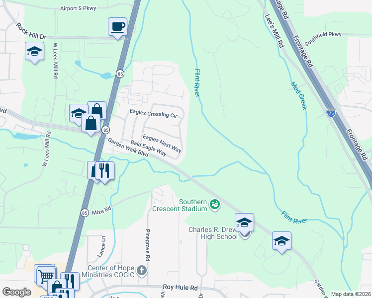 map of restaurants, bars, coffee shops, grocery stores, and more near 5609 Eagles Feather Lane in Riverdale