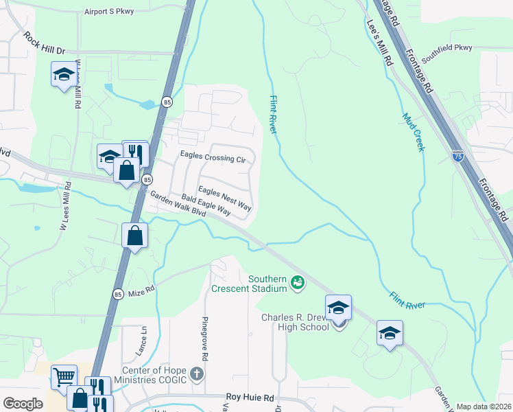 map of restaurants, bars, coffee shops, grocery stores, and more near 5609 Eagles Feather Lane in Riverdale