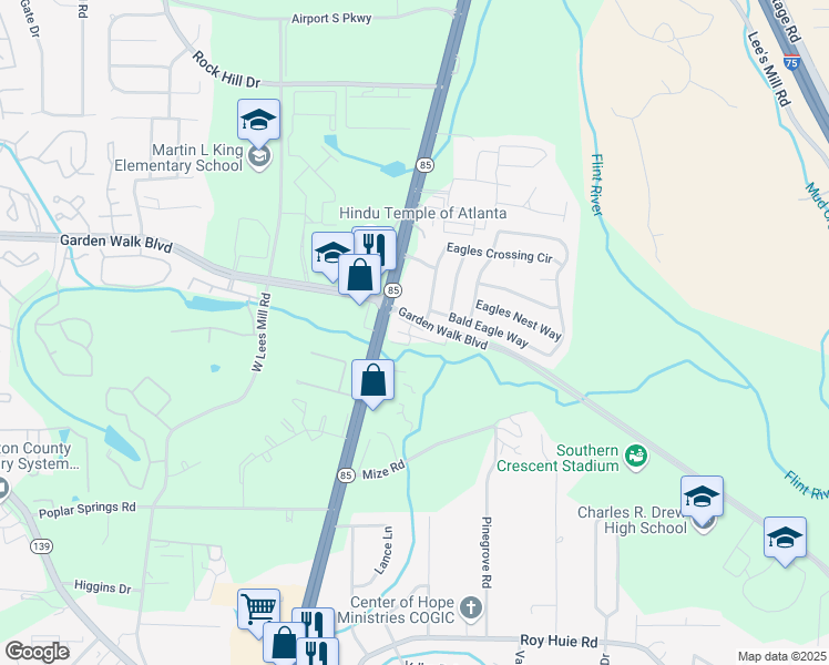 map of restaurants, bars, coffee shops, grocery stores, and more near 569 Eagles Crossing Circle in Riverdale