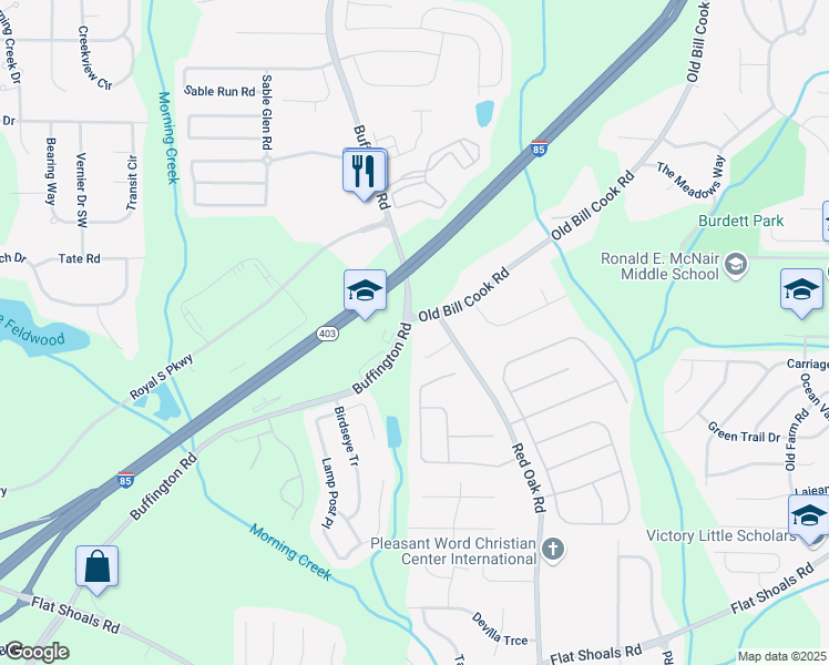map of restaurants, bars, coffee shops, grocery stores, and more near 5960 Buffington Road in Atlanta