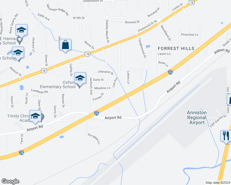 map of restaurants, bars, coffee shops, grocery stores, and more near 1505 Lee Avenue in Oxford