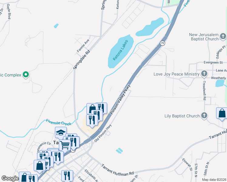 map of restaurants, bars, coffee shops, grocery stores, and more near 2220 Pinson Valley Parkway in Birmingham