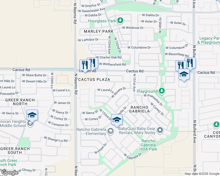 map of restaurants, bars, coffee shops, grocery stores, and more near 15275 West Laurel Lane in Surprise