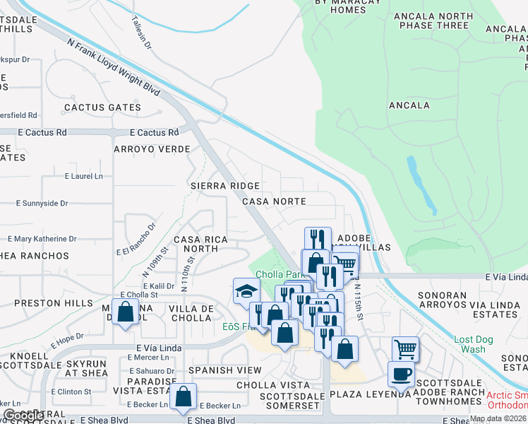 map of restaurants, bars, coffee shops, grocery stores, and more near 11750 East Jenan Drive in Scottsdale