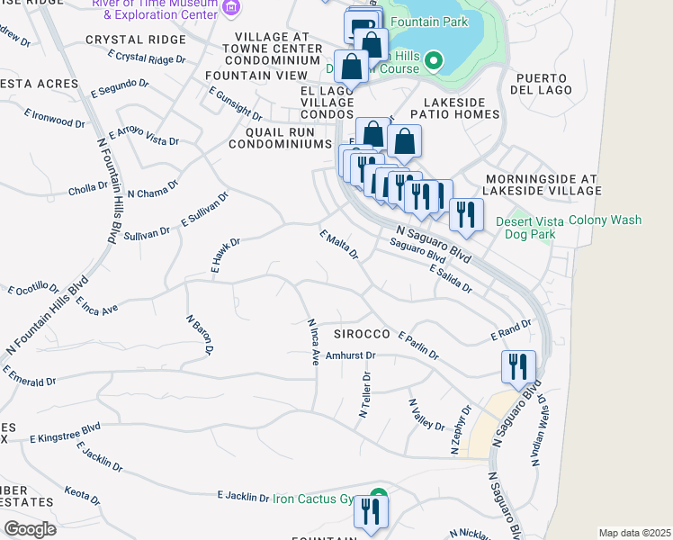 map of restaurants, bars, coffee shops, grocery stores, and more near 11607 Sparrow Lane in Fountain Hills