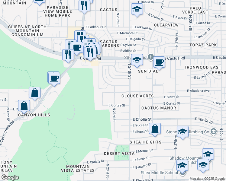map of restaurants, bars, coffee shops, grocery stores, and more near 2219 East Sunnyside Lane in Phoenix