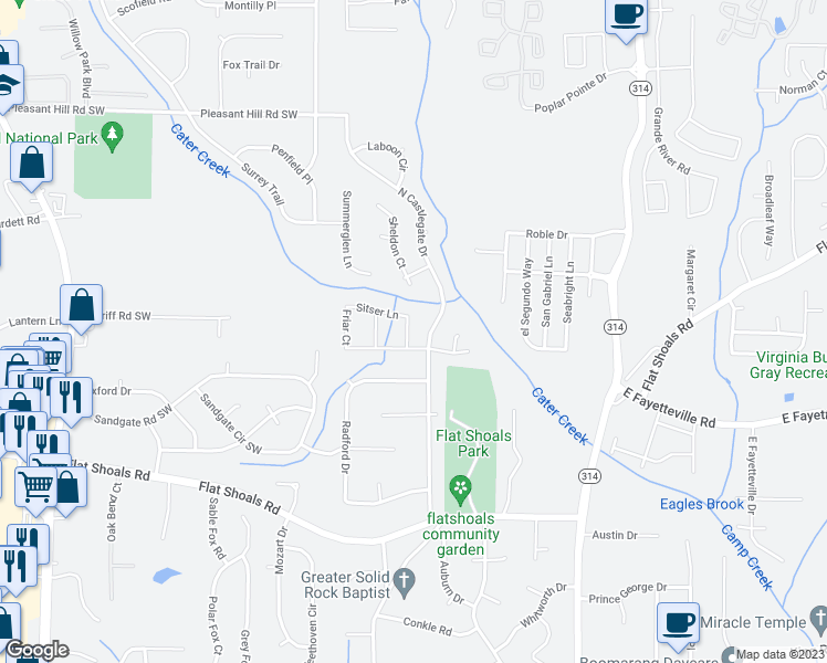 map of restaurants, bars, coffee shops, grocery stores, and more near 5950 Batson Court in Atlanta