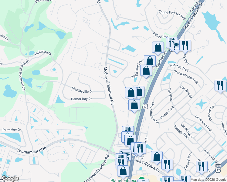 map of restaurants, bars, coffee shops, grocery stores, and more near 10895 Mcdowell Shortcut Road in Murrells Inlet