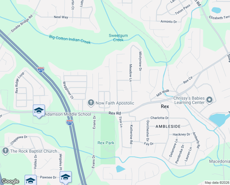 map of restaurants, bars, coffee shops, grocery stores, and more near 5930 Creekside Drive in Rex