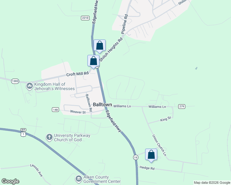 map of restaurants, bars, coffee shops, grocery stores, and more near 1306 Edgefield Hwy in Aiken
