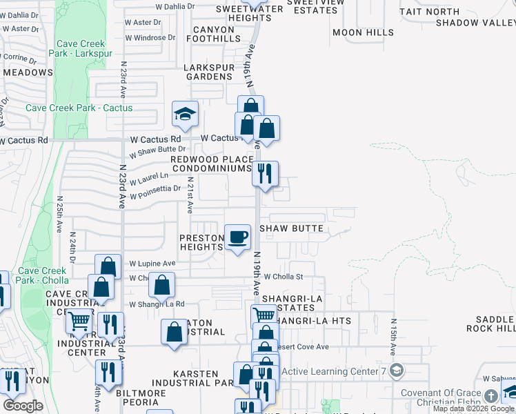 map of restaurants, bars, coffee shops, grocery stores, and more near N 19th Ave & W Sunnyside Dr in Phoenix