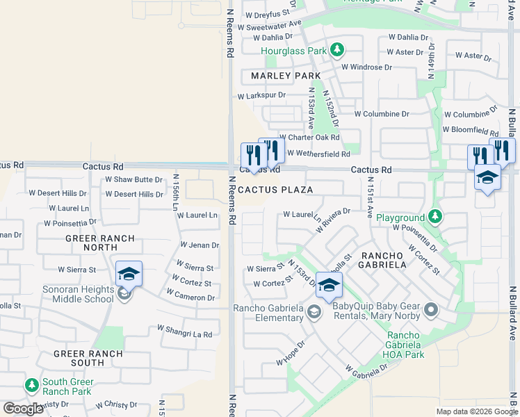 map of restaurants, bars, coffee shops, grocery stores, and more near 15417 West Laurel Lane in Surprise