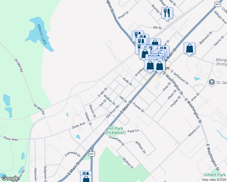 map of restaurants, bars, coffee shops, grocery stores, and more near Hill Street in Madison
