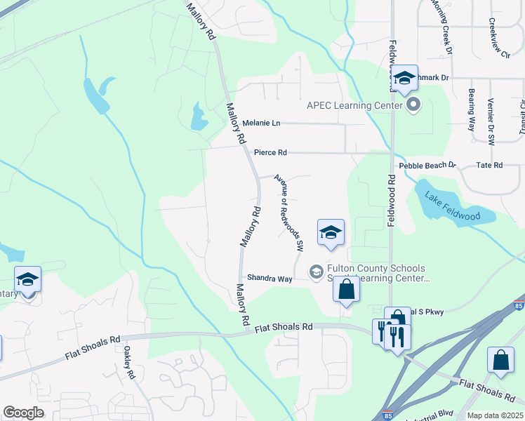 map of restaurants, bars, coffee shops, grocery stores, and more near 5950 Mallory Road in College Park