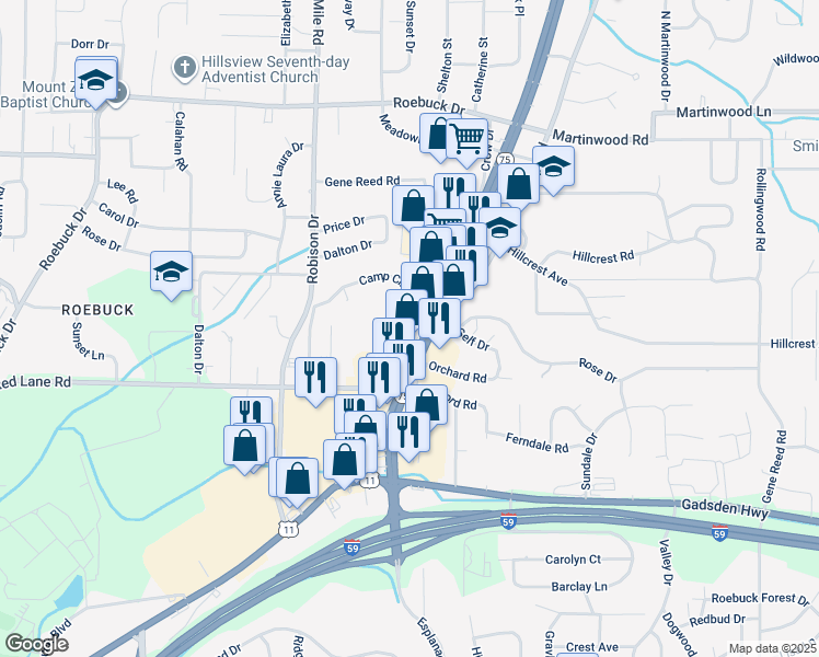map of restaurants, bars, coffee shops, grocery stores, and more near 672 Camp Circle in Birmingham