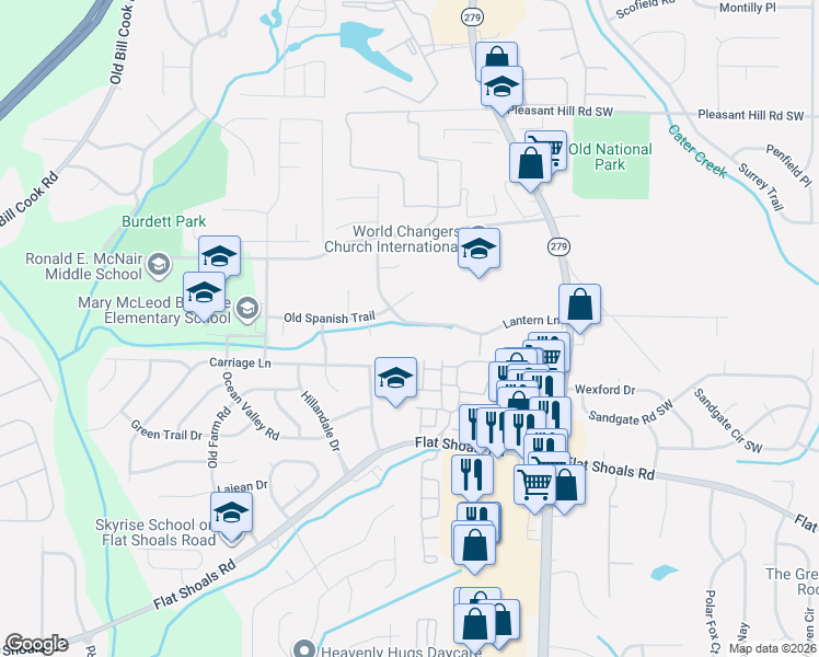 map of restaurants, bars, coffee shops, grocery stores, and more near 2580 Lantern Lane in College Park