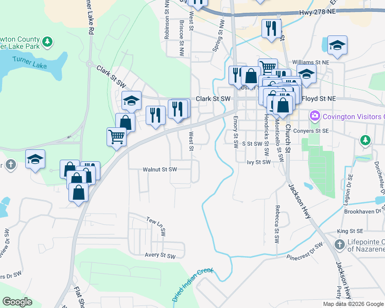 map of restaurants, bars, coffee shops, grocery stores, and more near 3233 West Saint Southwest in Covington