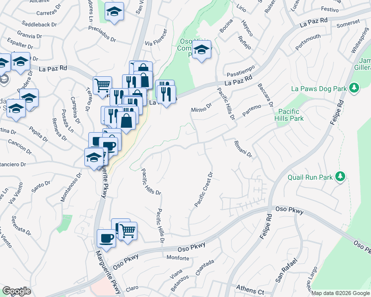 map of restaurants, bars, coffee shops, grocery stores, and more near Pacific Hills Drive in Mission Viejo