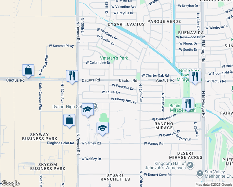 map of restaurants, bars, coffee shops, grocery stores, and more near 12833 West Laurel Lane in El Mirage