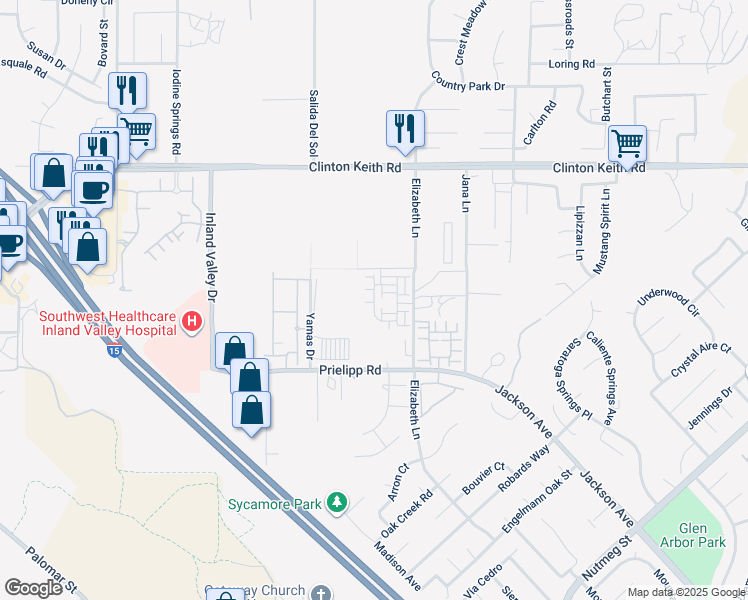 map of restaurants, bars, coffee shops, grocery stores, and more near 36351 Elizabeth Lane in Wildomar