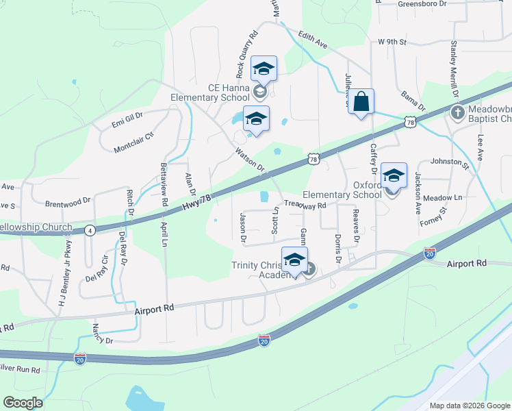 map of restaurants, bars, coffee shops, grocery stores, and more near 121 Jason Drive in Oxford