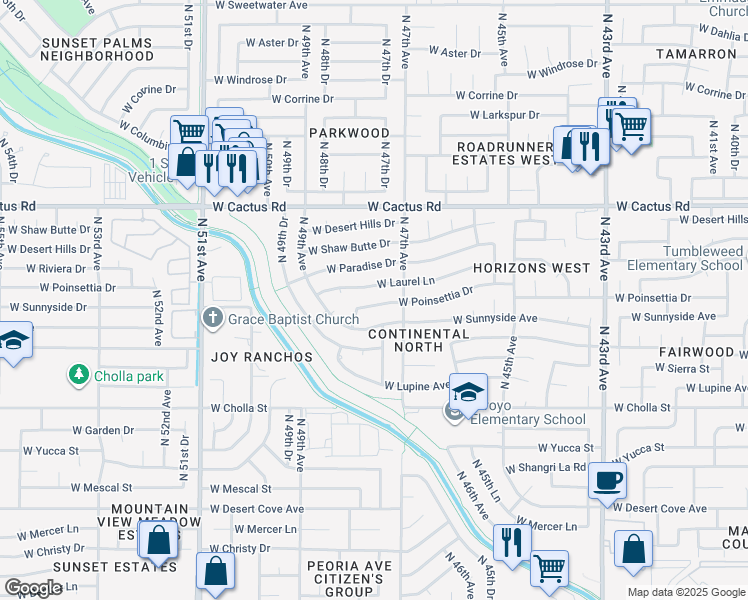 map of restaurants, bars, coffee shops, grocery stores, and more near 4726 West Poinsettia Drive in Glendale