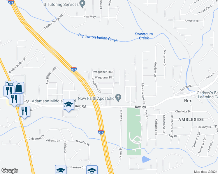map of restaurants, bars, coffee shops, grocery stores, and more near 3366 Waggoner Lane in Rex