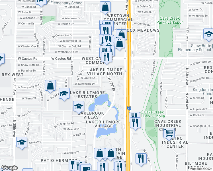 map of restaurants, bars, coffee shops, grocery stores, and more near 11666 North 28th Drive in Phoenix