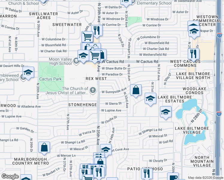 map of restaurants, bars, coffee shops, grocery stores, and more near 3417 West Sunnyside Avenue in Phoenix