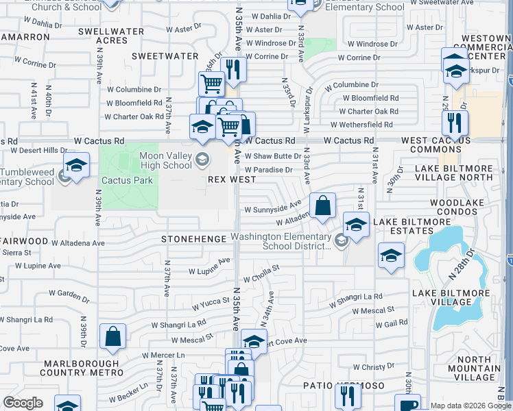 map of restaurants, bars, coffee shops, grocery stores, and more near 3417 West Sunnyside Avenue in Phoenix
