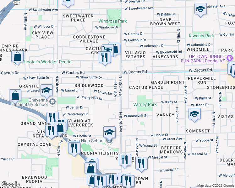 map of restaurants, bars, coffee shops, grocery stores, and more near 11825 North 83rd Avenue in Peoria