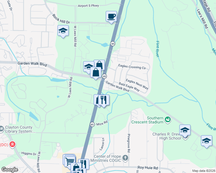map of restaurants, bars, coffee shops, grocery stores, and more near 569 Eagles Crossing Circle in Riverdale