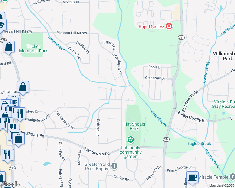 map of restaurants, bars, coffee shops, grocery stores, and more near 5950 Batson Court in Atlanta