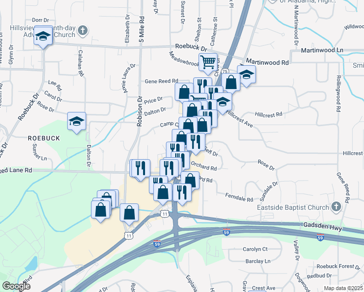 map of restaurants, bars, coffee shops, grocery stores, and more near 672 Camp Circle in Birmingham