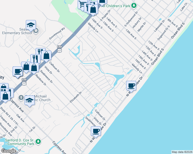 map of restaurants, bars, coffee shops, grocery stores, and more near 1692 Egret in Surfside Beach