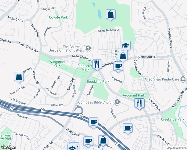 map of restaurants, bars, coffee shops, grocery stores, and more near 22932 Glenwood Drive in Aliso Viejo