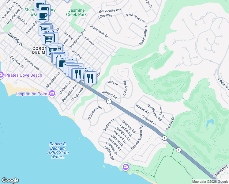 map of restaurants, bars, coffee shops, grocery stores, and more near 444 Morning Canyon Road in Corona Del Mar
