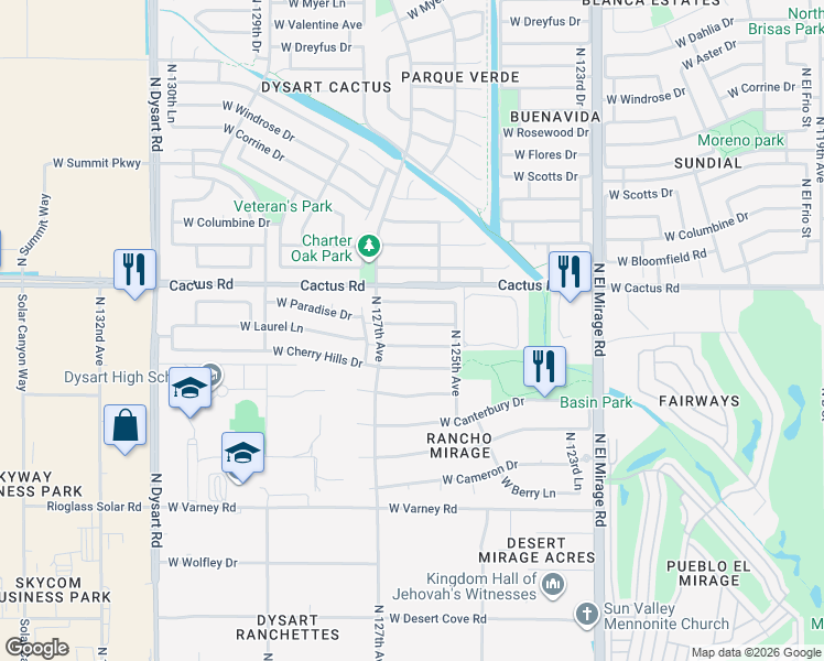 map of restaurants, bars, coffee shops, grocery stores, and more near 12629 West Laurel Lane in El Mirage