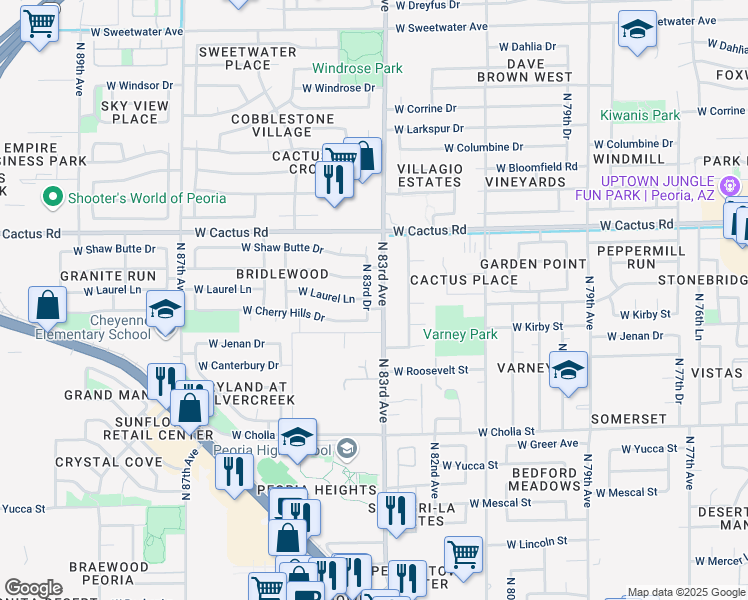 map of restaurants, bars, coffee shops, grocery stores, and more near 11825 North 83rd Avenue in Peoria